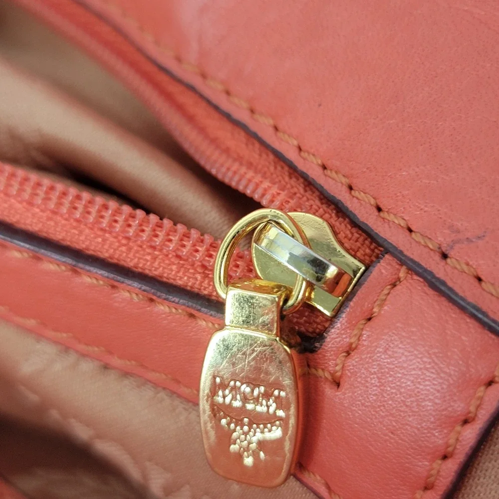 MCM Satchel Handbag Coral Orange Pebbled Leather Gold Hardware 2-in-1 Crossbody